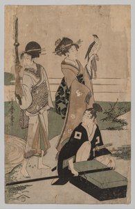 富士近辺の平原で小川を渡る大名と従者 作： Kitagawa Utamaro