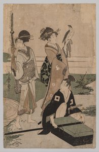 富士近辺の平原で小川を渡る大名と従者 作： Kitagawa Utamaro