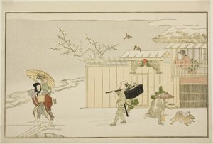雪中お年玉届け 狂歌画集「若神恵比寿（わかえびす）」より 作： Kitagawa Utamaro