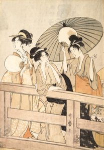 橋の上や下で夕方の涼しい風を楽しんでいる様子（1800年頃 作： Kitagawa Utamaro