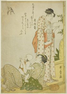えゔぇにんｇ こおｌ おん てぇ ゔぇらんだｈ （えんさき の ゆすずみ）： げんれ ｓせねｓ うぃｔｈ きょか ぽえｍｓ、 いん あいばん ふぉｒまｔ （きょかーいり あいばん ふぞく ず） 作： Kitagawa Utamaro