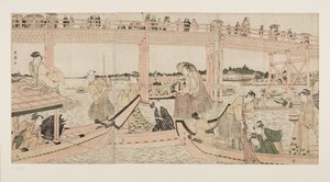 両国橋に網を張った漁船（カラー木版画 作： Kitagawa Utamaro