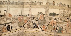 両国橋の下の漁網漁船、1790年代。 作： Kitagawa Utamaro