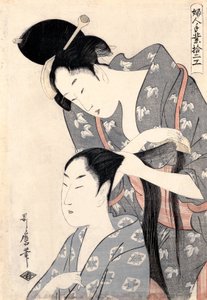 シリーズ「12種類の女性の手工芸品（風神てわざじゅにこ）」の美容師（上結衣） 作： Kitagawa Utamaro