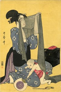 針仕事。 トリプティク、左部分、1795 年。 作： Kitagawa Utamaro