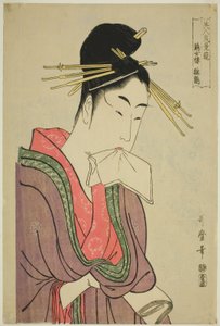 雛鶴 おｆ テェ 系ゼツろ、 ｆろｍ テェ セリエｓ ”子ｍパリンｇ テェ 茶ｒｍｓ おｆ ベアうち絵ｓ （美人 羇旅 比べ） （軽ゼツろ 雛鶴）” 作： Kitagawa Utamaro