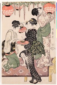 藤のエスパリエから提灯を吊るす日本の茶屋の若い女の子 - 喜多川歌麿 (1753-1806) による版画、1795年頃、リノカット - 藤のエスパリエの下の茶屋の少女 - 喜多川歌麿 (1753-1806) によるカラー リノカット、ca1 作： Kitagawa Utamaro