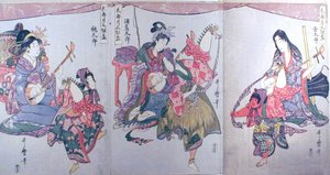 金太郎、浦島太郎、桃太郎（三幅対「初月三盃セット」より）" 作： Kitagawa Utamaro
