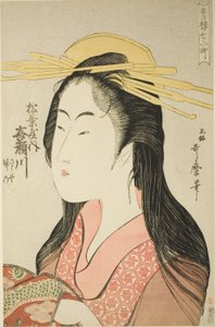 Kisegawa of the Matsubaya, [whose attendants are] Sasano, Takeno (Matsubaya uchi Kisegawa, Sasano, Takeno), from the series “Seven Komachi of Yoshiwara” ("Seiro nana Komachi")