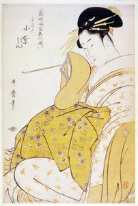 玉屋の小紫 par 歌麿、喜多川（1753-1806）、1794年頃 - カラー木版画、38,4x25,2 - 個人蔵 作： Kitagawa Utamaro