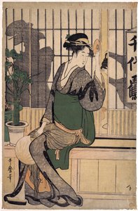 歌麿・喜多川（1753-1806）の「千代鶴茶屋（障子の影）」。 作： Kitagawa Utamaro