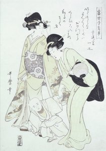 子供に歩くことを教える婦人と保母（木版画） 作： Kitagawa Utamaro