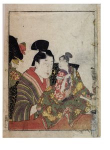 男性と女性のマニピュレーターによるマリオネットのシーン、c。 1758-1806年（紙に木版画） 作： Kitagawa Utamaro