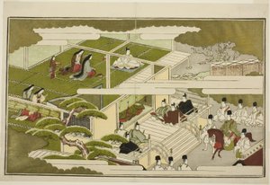 宮廷での正月、挿絵付きアンソロジー「若き神の巣（家の巣）」より 作： Kitagawa Utamaro
