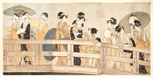 両国橋の上と下c。 1800 作： Kitagawa Utamaro
