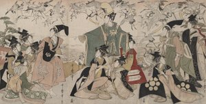「見立て頼朝鶴放つ」のパロディ 作： Kitagawa Utamaro