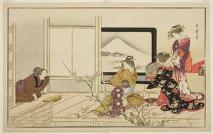 狂歌絵巻『男踏歌』より "鴬の餌の準備" 作： Kitagawa Utamaro