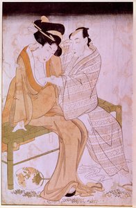 日本のカップルがベンチでお互いをなでている様子を表現したもの。喜多川歌麿（1753-1806）の版画。薄い。0.38×0.245m パリ、ギメ美術館、国立アジア美術館