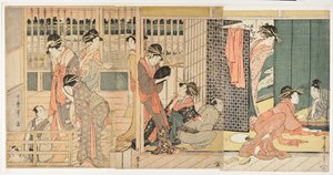 日本の「寛容の家」 (かりたく) の朝の情景 - 喜多川歌麿 (1753-1806) による版画 作： Kitagawa Utamaro