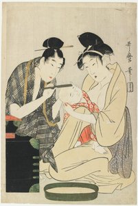 少年の頭を剃る、江戸時代、1801年頃（カラー木版） 作： Kitagawa Utamaro