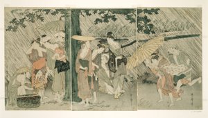 突然のにわか雨からの避難 作： Kitagawa Utamaro