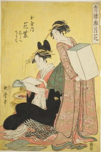 遊郭の雪月花（せいろせつげっか）：玉屋の花紫と従者調・照葉 作： Kitagawa Utamaro