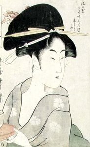 T H Riches 1913年 「名所旧跡八景」シリーズより、茶碗を持つ女性の胸像（木版画）