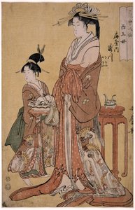 歌麿・喜多川（1753-1806）の「仙人の愛の芸術」シリーズから「扇谷八丁の滝川」。 作： Kitagawa Utamaro