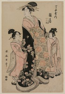 チョウジヤの遊女ヒナズルとアテンダントのツルジ、ツルノ、c。 1794。
