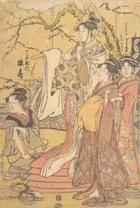 長者屋のおいらん雛鶴が布団の山の上に立っている様子 1794年頃