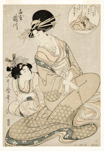 1800-02年（木版画）、詩人を暗示する扇屋の遊女滝川とその付き添い 作： Kitagawa Utamaro