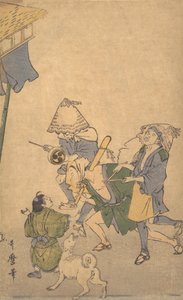 下層階級の三人の遊女がコムソの帽子をかぶって... 18世紀後半～19世紀前半 作： Kitagawa Utamaro