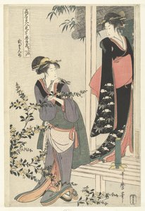 咲く山吹のそばにいる二人の女性：第二幕。 二段目（オブジェクトのタイトル） 有名美女による忠臣蔵のパロディ。 (シリーズタイトル) 孔明美人見立て忠臣蔵 作： Kitagawa Utamaro