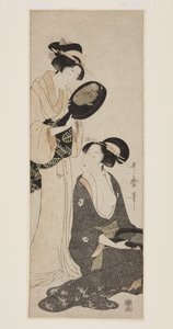 二人の女性がそれぞれ漆塗りの鏡の一部を持っている（カラー木版画 作： Kitagawa Utamaro