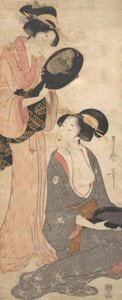 2人の女性がそれぞれ漆塗りの鏡の一部を持っている 1790年代 作： Kitagawa Utamaro