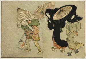嵐に巻き込まれた二人の女と従者 絵本『絵本式の花』vol. 2 作： Kitagawa Utamaro