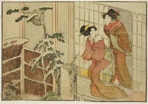 雪の朝、縁側の二人の女 挿絵集『絵本 四季の花』vol. 2 作： Kitagawa Utamaro