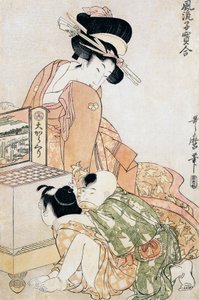 大きな光学箱を覗き込む二人の子供 作： Kitagawa Utamaro