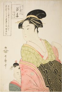 江戸町一丁目の玉屋の若梅とその子役むめのといろか（江戸町一丁目玉屋内若梅むめのいろか） 作： Kitagawa Utamaro