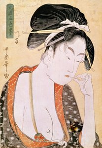 唇を欲しがる女 喜多川歌麿（1753-1806）の日本の版画。18世紀パリ、ギメ美術館、アジア美術博物館 作： Kitagawa Utamaro
