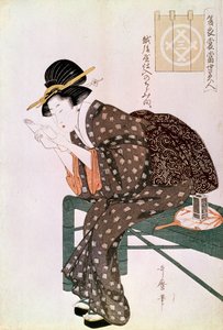 読書する女性。越後屋の縮緬で作られたサマーアンサンブルシリーズ。私たちの時代のボーテ"喜多川歌麿（1753-1806）の日本の版画。1804-1806.点描。0.37x0.25 m. パリ、ギメ美術館、アジア美術博物館 作： Kitagawa Utamaro