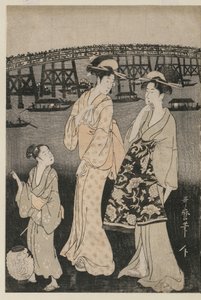 両国橋付近で夕涼みを楽しむ女性たち 作： Kitagawa Utamaro
