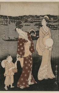 両国橋付近で夕涼みを楽しむ女性たち 作： Kitagawa Utamaro