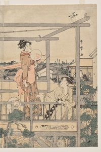 バルコニーで洗濯物を干す女性 作： Kitagawa Utamaro
