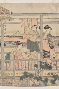 バルコニーで洗濯物を干す女性 作： Kitagawa Utamaro