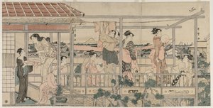 バルコニーで洗濯物を干す女性、1790年代初頭。 作： Kitagawa Utamaro
