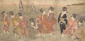伊勢の双子岩の間で旭日旗を拝む女性たち 18世紀末～19世紀初頭 作： Kitagawa Utamaro