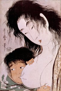 山姥と金太郎：喜多川歌麿（1753-1806）のテテの日本版画。日曜大工。0,37x0,25 m. 1801-1803年。パリ、ギメ美術館、国立アジア美術館 作： Kitagawa Utamaro