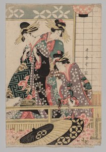 春の街を眺める吉原の女たち 作： Kitagawa Utamaro
