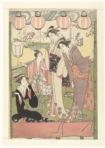 提灯の下の 3 人の女性と 1 人の少年 作： Kitao Masanobu (attributed to)